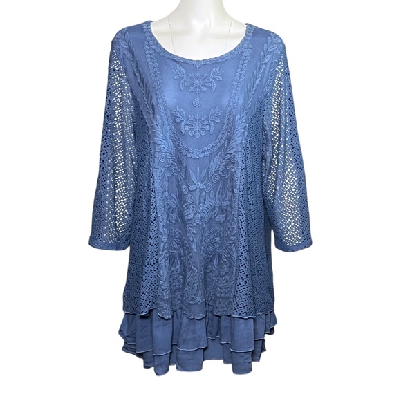 Ali Miles Size 1X Blue Lace Overlay Tunic Top Ruffle Tiered Lagenlook 3/4 Sleeve - Picture 10 of 10